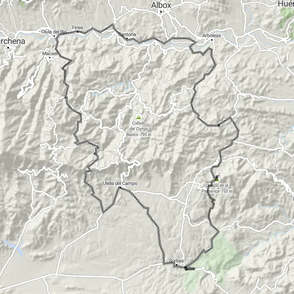 Miniatura della mappa di ispirazione al ciclismo "Ciclismo Epico tra Lubrìn e Olula del Rìo" nella regione di Andalucía, Spain. Generata da Tarmacs.app, pianificatore di rotte ciclistiche