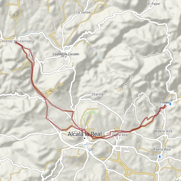Miniatua del mapa de inspiración ciclista "Ruta de gravilla hacia Alcalá la Real" en Andalucía, Spain. Generado por Tarmacs.app planificador de rutas ciclistas