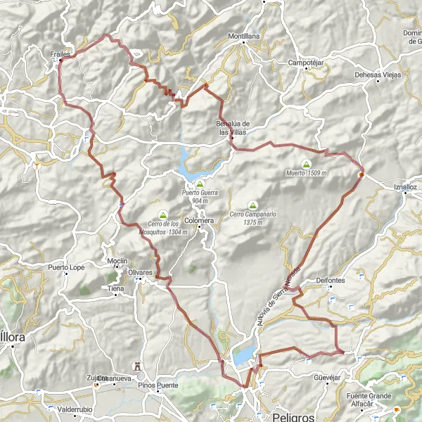 Miniature de la carte de l'inspiration cycliste "Les collines sauvages de Frailes" dans la Andalucía, Spain. Générée par le planificateur d'itinéraire cycliste Tarmacs.app