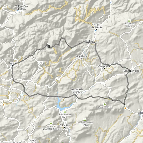 Miniatura della mappa di ispirazione al ciclismo "Giro in Road nei dintorni di Frailes" nella regione di Andalucía, Spain. Generata da Tarmacs.app, pianificatore di rotte ciclistiche