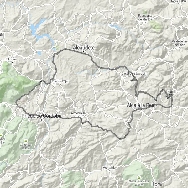 Miniatura della mappa di ispirazione al ciclismo "Avventura ciclistica intensa da Frailes" nella regione di Andalucía, Spain. Generata da Tarmacs.app, pianificatore di rotte ciclistiche