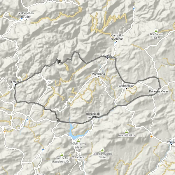 Miniatura della mappa di ispirazione al ciclismo "Giro in bici su strada da Frailes" nella regione di Andalucía, Spain. Generata da Tarmacs.app, pianificatore di rotte ciclistiche