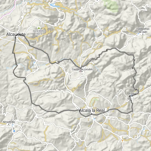 Miniatura della mappa di ispirazione al ciclismo "Rotta ciclabile da Frailes e oltre" nella regione di Andalucía, Spain. Generata da Tarmacs.app, pianificatore di rotte ciclistiche