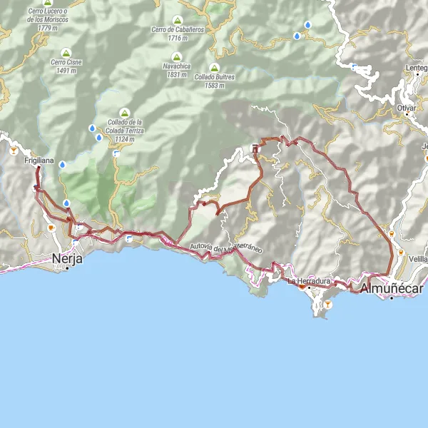 Miniatura della mappa di ispirazione al ciclismo "Avventura in gravel verso Punta de la Mona" nella regione di Andalucía, Spain. Generata da Tarmacs.app, pianificatore di rotte ciclistiche