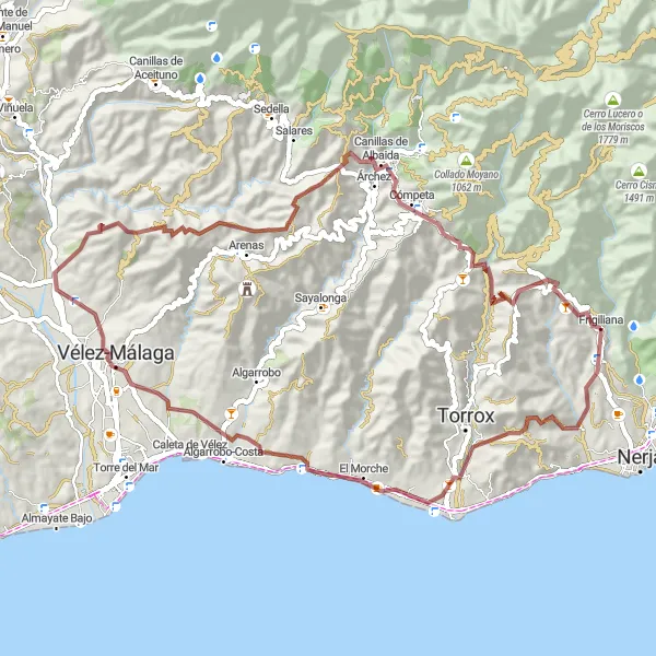 Miniatua del mapa de inspiración ciclista "Ruta ciclista de montaña desde Frigiliana" en Andalucía, Spain. Generado por Tarmacs.app planificador de rutas ciclistas