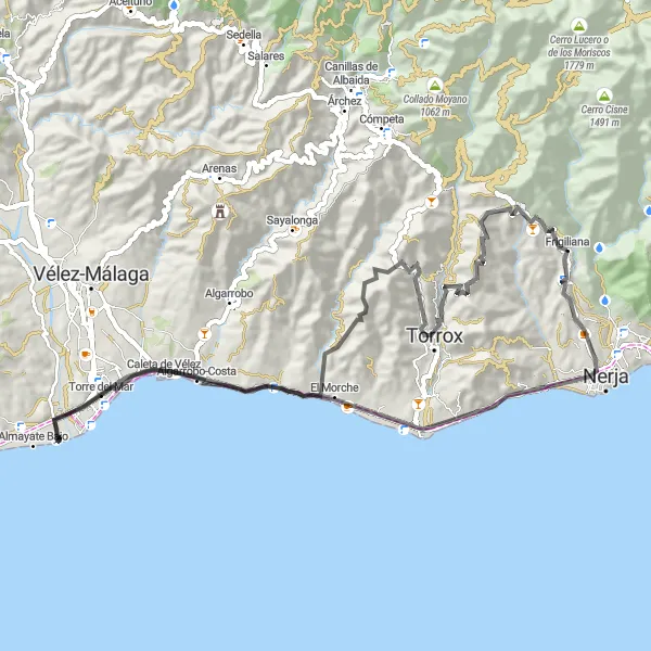 Miniatura della mappa di ispirazione al ciclismo "Tour panoramico in bicicletta tra Frigiliana e la Costa del Sol" nella regione di Andalucía, Spain. Generata da Tarmacs.app, pianificatore di rotte ciclistiche