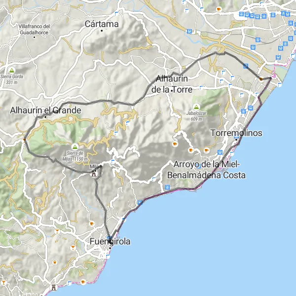 Miniatura della mappa di ispirazione al ciclismo "Giro in bicicletta da Fuengirola attraverso la natura" nella regione di Andalucía, Spain. Generata da Tarmacs.app, pianificatore di rotte ciclistiche