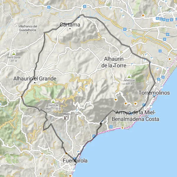 Map miniature of "Challenging Ride to Cártama" cycling inspiration in Andalucía, Spain. Generated by Tarmacs.app cycling route planner