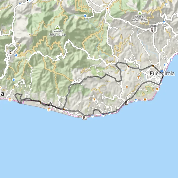 Miniatura della mappa di ispirazione al ciclismo "Un Giro Panoramico da La Cala de Mijas a Río Real" nella regione di Andalucía, Spain. Generata da Tarmacs.app, pianificatore di rotte ciclistiche