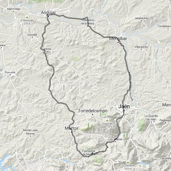 Miniatua del mapa de inspiración ciclista "Ruta de Fuensanta de Martos a Los Villares Pasando por Arjona" en Andalucía, Spain. Generado por Tarmacs.app planificador de rutas ciclistas
