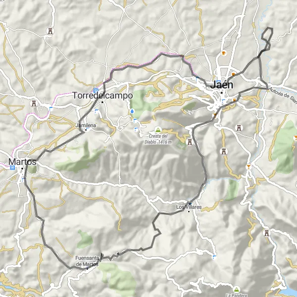 Miniaturní mapa "Asfaltová trasa s výstupem na 1464 m a délkou 77 km" inspirace pro cyklisty v oblasti Andalucía, Spain. Vytvořeno pomocí plánovače tras Tarmacs.app