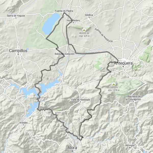 Miniatua del mapa de inspiración ciclista "Ruta de las Tres Embalses" en Andalucía, Spain. Generado por Tarmacs.app planificador de rutas ciclistas