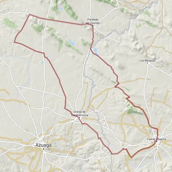 Miniature de la carte de l'inspiration cycliste "Circuit de gravier autour de Fuente Obejuna" dans la Andalucía, Spain. Générée par le planificateur d'itinéraire cycliste Tarmacs.app
