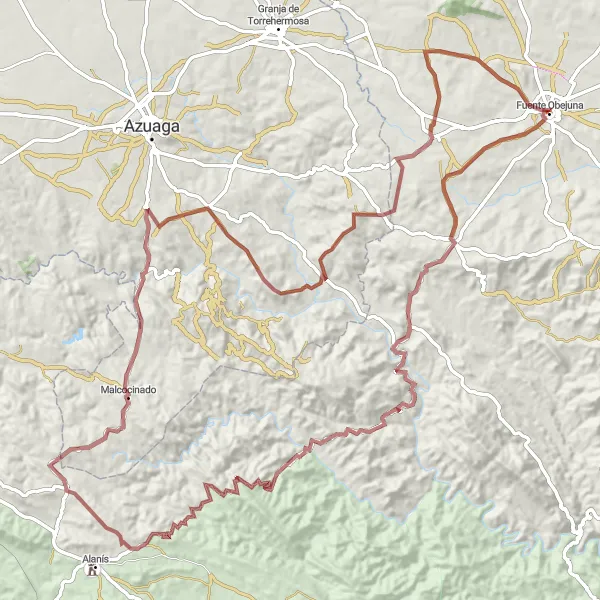 Map miniature of "Gravel Adventure in Sierra de Hornachuelos" cycling inspiration in Andalucía, Spain. Generated by Tarmacs.app cycling route planner