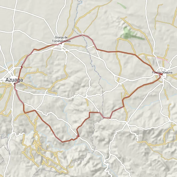 Map miniature of "Gravel Adventure Through Azuaga and Granja de Torrehermosa" cycling inspiration in Andalucía, Spain. Generated by Tarmacs.app cycling route planner
