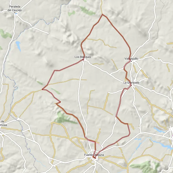 Miniatura mapy "Trasa gravelowa Los Blázquez-Valsequillo-La Granjuela" - trasy rowerowej w Andalucía, Spain. Wygenerowane przez planer tras rowerowych Tarmacs.app