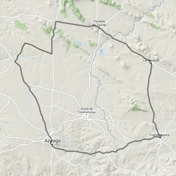 Miniatura della mappa di ispirazione al ciclismo "Scoperta di Peraleda del Zaucejo in bici su strada" nella regione di Andalucía, Spain. Generata da Tarmacs.app, pianificatore di rotte ciclistiche