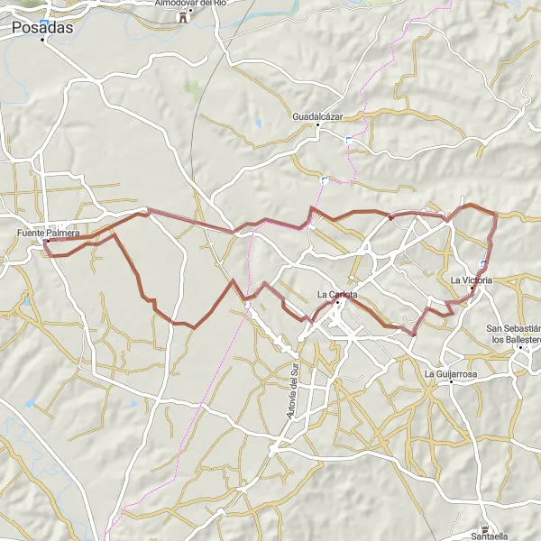 Miniaturní mapa "Gravelová dobrodružná cesta kolem Fuente Palmera" inspirace pro cyklisty v oblasti Andalucía, Spain. Vytvořeno pomocí plánovače tras Tarmacs.app