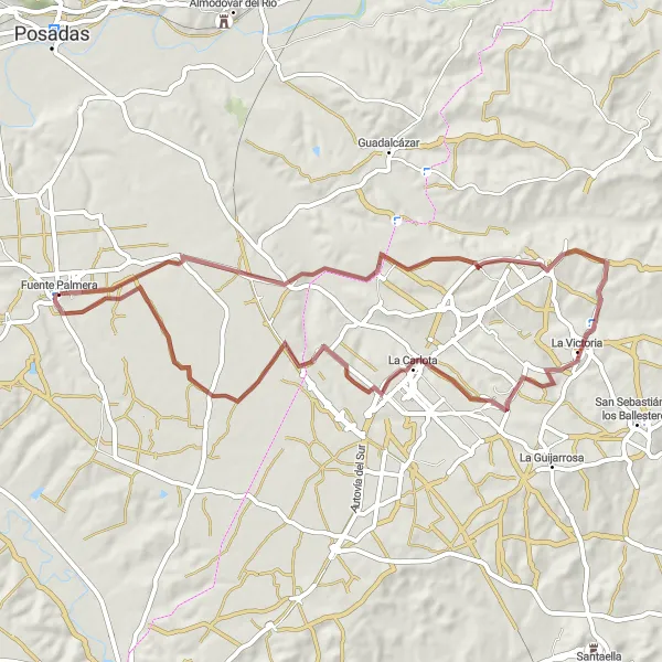 Miniatuurkaart van de fietsinspiratie "Gravelavontuur naar Aldea Quintana en La Carlota" in Andalucía, Spain. Gemaakt door de Tarmacs.app fietsrouteplanner