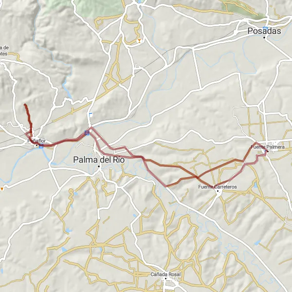 Map miniature of "Fuente Palmera to Peñaflor Gravel Route" cycling inspiration in Andalucía, Spain. Generated by Tarmacs.app cycling route planner