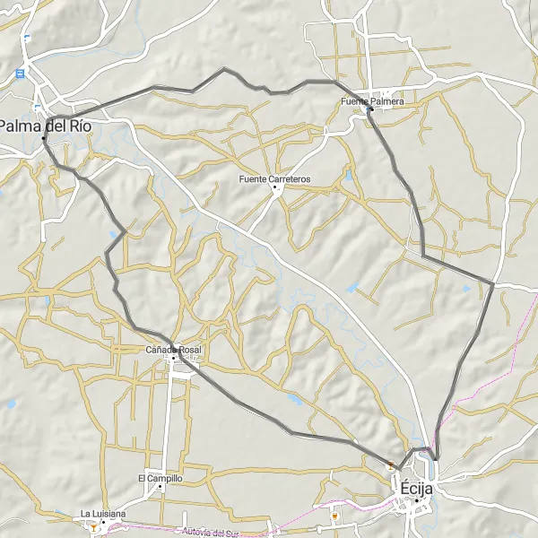 Miniaturní mapa "Historická cyklotrasa kolem Fuente Palmera" inspirace pro cyklisty v oblasti Andalucía, Spain. Vytvořeno pomocí plánovače tras Tarmacs.app
