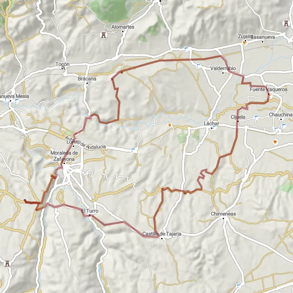 Miniatua del mapa de inspiración ciclista "Ruta de aventura en bicicleta de grava desde Fuente Vaqueros" en Andalucía, Spain. Generado por Tarmacs.app planificador de rutas ciclistas