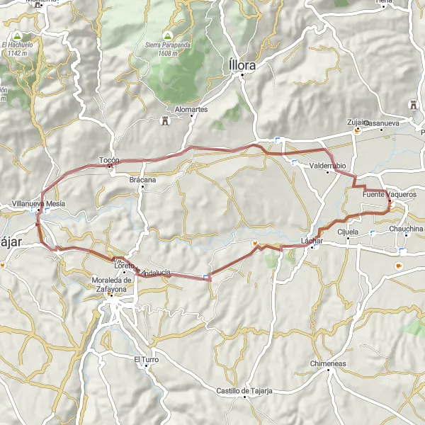 Miniatura della mappa di ispirazione al ciclismo "Esplorazione in bicicletta tra Fuente Vaqueros e Valderrubio" nella regione di Andalucía, Spain. Generata da Tarmacs.app, pianificatore di rotte ciclistiche