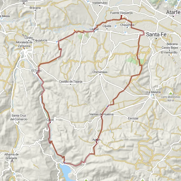 Miniatura della mappa di ispirazione al ciclismo "Avventura in Gravel tra Cacín e Fuensanta" nella regione di Andalucía, Spain. Generata da Tarmacs.app, pianificatore di rotte ciclistiche