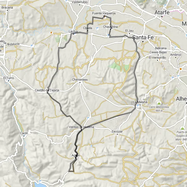 Miniatura della mappa di ispirazione al ciclismo "Giro in bici tra Chauchina e Cijuela" nella regione di Andalucía, Spain. Generata da Tarmacs.app, pianificatore di rotte ciclistiche
