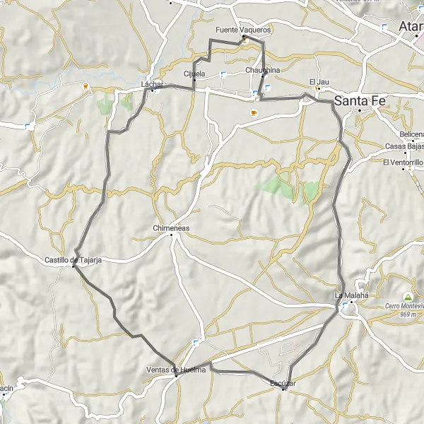 Miniatura della mappa di ispirazione al ciclismo "Giro in bici da Fuente Vaqueros" nella regione di Andalucía, Spain. Generata da Tarmacs.app, pianificatore di rotte ciclistiche