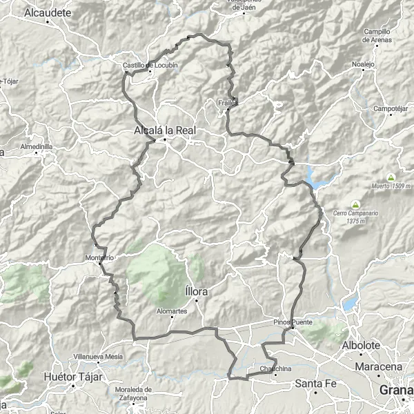 Miniatura della mappa di ispirazione al ciclismo "Esplorazione epica verso Castillo de la Villeta" nella regione di Andalucía, Spain. Generata da Tarmacs.app, pianificatore di rotte ciclistiche