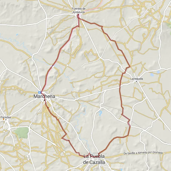 Miniatua del mapa de inspiración ciclista "Ruta Natural de La Puebla de Cazalla" en Andalucía, Spain. Generado por Tarmacs.app planificador de rutas ciclistas