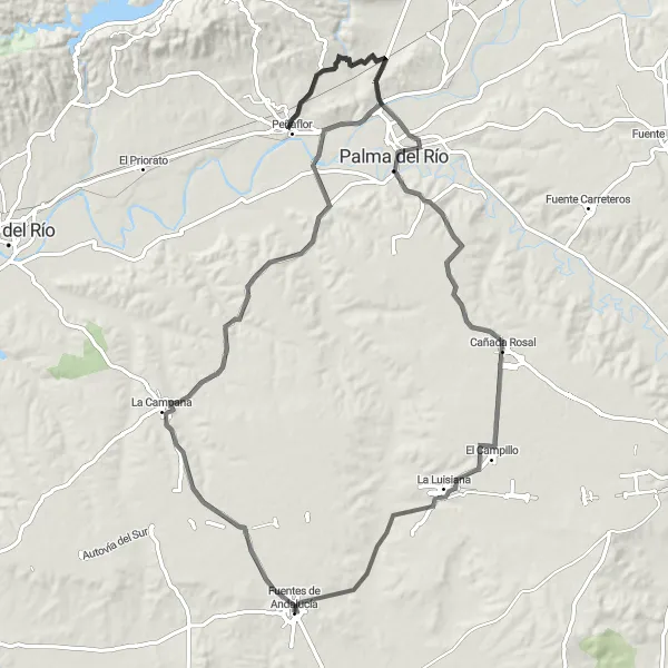 Miniatura mapy "Trasa wokół Fuentes de Andalucía" - trasy rowerowej w Andalucía, Spain. Wygenerowane przez planer tras rowerowych Tarmacs.app