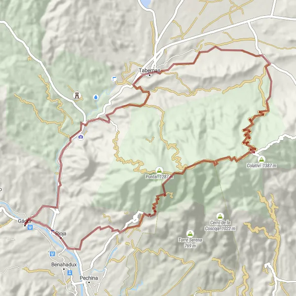 Miniatura della mappa di ispirazione al ciclismo "Avventuroso percorso in gravel da Gádor a Rioja" nella regione di Andalucía, Spain. Generata da Tarmacs.app, pianificatore di rotte ciclistiche