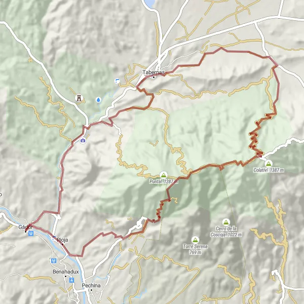 Map miniature of "Gádor-Tabernas Gravel Adventure" cycling inspiration in Andalucía, Spain. Generated by Tarmacs.app cycling route planner