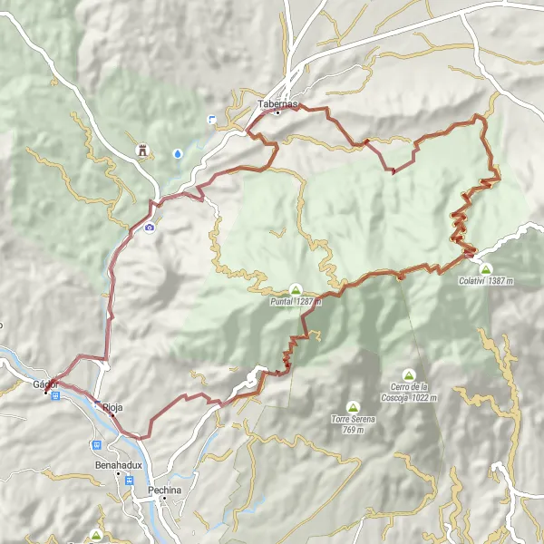Miniatura della mappa di ispirazione al ciclismo "Giro in bicicletta gravel da Gádor a Rioja" nella regione di Andalucía, Spain. Generata da Tarmacs.app, pianificatore di rotte ciclistiche