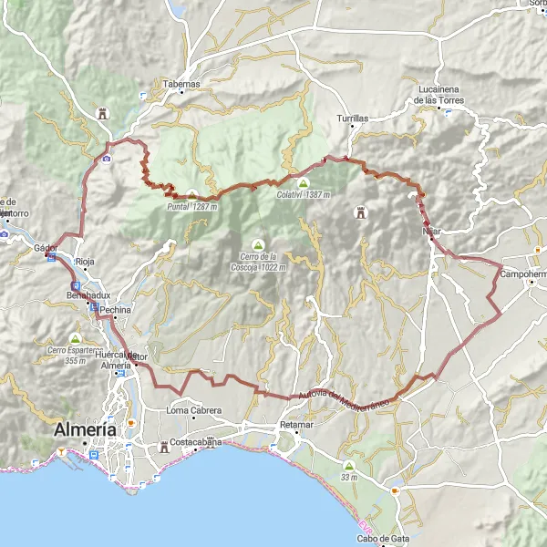 Miniatuurkaart van de fietsinspiratie "Gádor naar Rioja via Puntal" in Andalucía, Spain. Gemaakt door de Tarmacs.app fietsrouteplanner