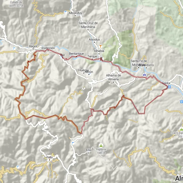 Miniatura della mappa di ispirazione al ciclismo "Esplorazione naturale da Gádor a Yacimiento Los Millares" nella regione di Andalucía, Spain. Generata da Tarmacs.app, pianificatore di rotte ciclistiche