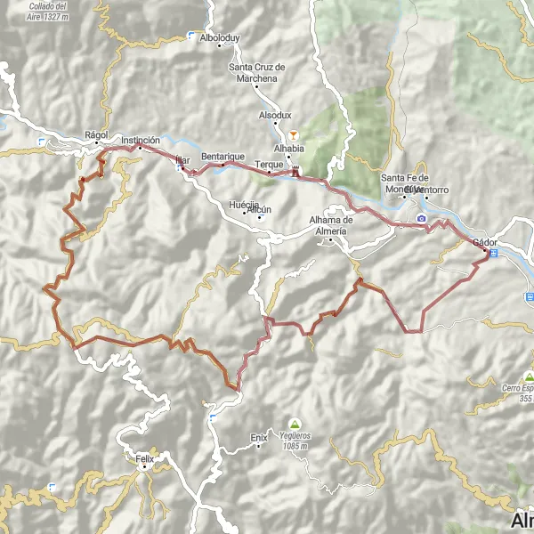 Map miniature of "Gádor-Piorno Gravel Adventure" cycling inspiration in Andalucía, Spain. Generated by Tarmacs.app cycling route planner