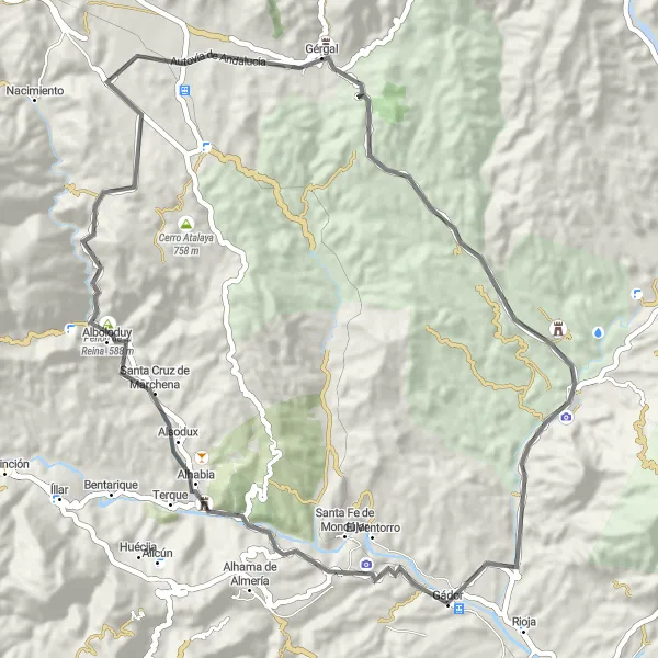 Miniatura della mappa di ispirazione al ciclismo "Tour in bicicletta da Gádor a Paulenca" nella regione di Andalucía, Spain. Generata da Tarmacs.app, pianificatore di rotte ciclistiche