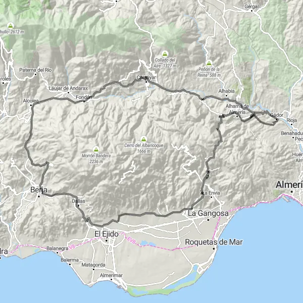 Miniature de la carte de l'inspiration cycliste "Les Montagnes d'Almería" dans la Andalucía, Spain. Générée par le planificateur d'itinéraire cycliste Tarmacs.app