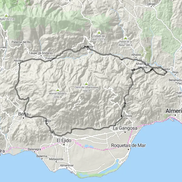 Miniatura della mappa di ispirazione al ciclismo "Tour in bicicletta da Gádor a Huéchar" nella regione di Andalucía, Spain. Generata da Tarmacs.app, pianificatore di rotte ciclistiche