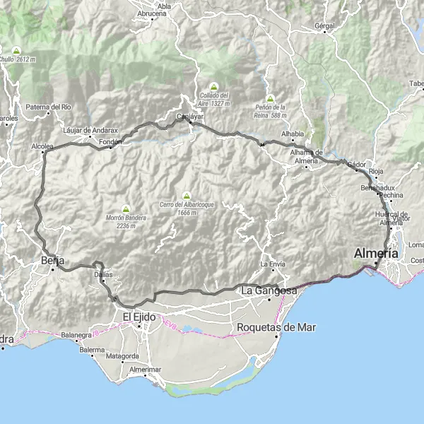 Miniatura della mappa di ispirazione al ciclismo "Giro in bicicletta da Gádor a Yacimiento Los Millares" nella regione di Andalucía, Spain. Generata da Tarmacs.app, pianificatore di rotte ciclistiche