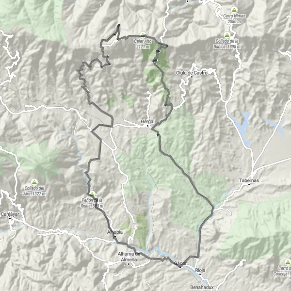 Miniatura della mappa di ispirazione al ciclismo "Emozionante circuito stradale da Gádor a Paulenca" nella regione di Andalucía, Spain. Generata da Tarmacs.app, pianificatore di rotte ciclistiche