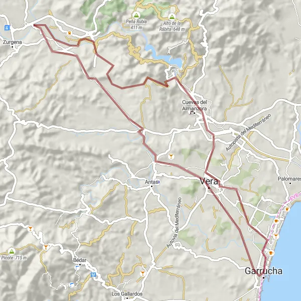 Miniatura della mappa di ispirazione al ciclismo "Tour in bici da Garrucha a Vera" nella regione di Andalucía, Spain. Generata da Tarmacs.app, pianificatore di rotte ciclistiche