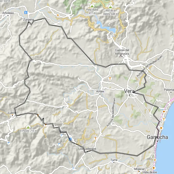 Miniatura della mappa di ispirazione al ciclismo "Giro in bici da Garrucha a Zurgena" nella regione di Andalucía, Spain. Generata da Tarmacs.app, pianificatore di rotte ciclistiche