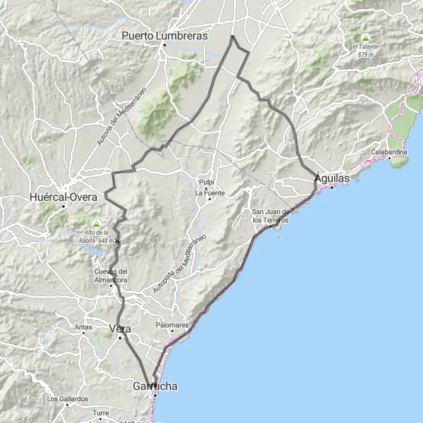 Miniatura della mappa di ispirazione al ciclismo "Garrucha - Cuevas del Almanzora Loop" nella regione di Andalucía, Spain. Generata da Tarmacs.app, pianificatore di rotte ciclistiche