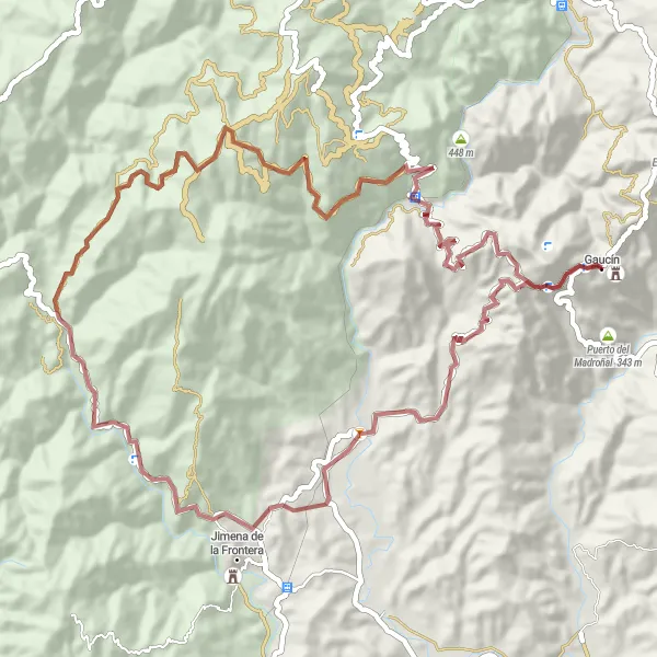 Miniatura della mappa di ispirazione al ciclismo "Rotta Gravel tra Gaucín e El Colmenar" nella regione di Andalucía, Spain. Generata da Tarmacs.app, pianificatore di rotte ciclistiche