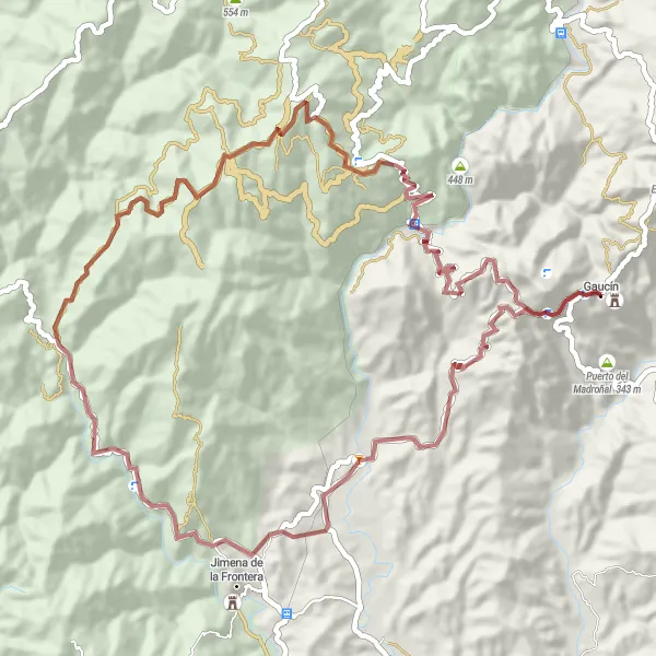 Miniatura della mappa di ispirazione al ciclismo "Circuito Gravel attraverso i Pueblos Blancos" nella regione di Andalucía, Spain. Generata da Tarmacs.app, pianificatore di rotte ciclistiche