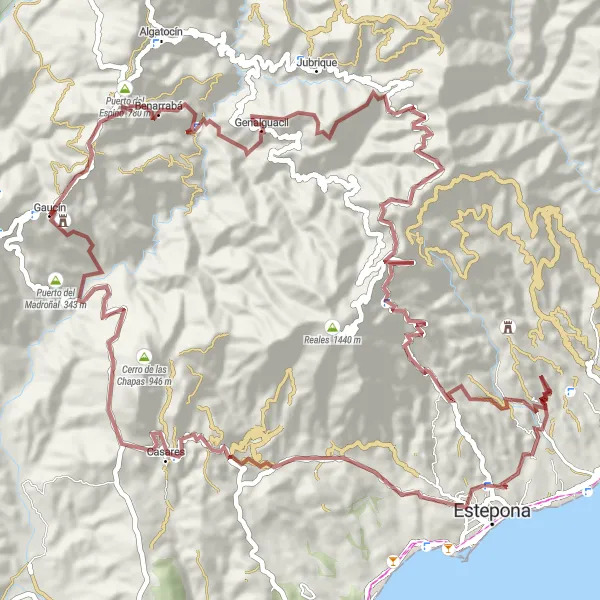 Miniatua del mapa de inspiración ciclista "Ruta desafiante por Gaucín y Casares" en Andalucía, Spain. Generado por Tarmacs.app planificador de rutas ciclistas